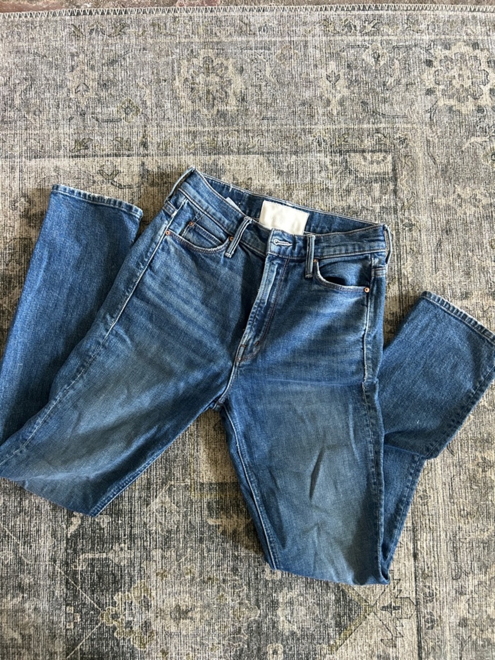 MOTHER Slim Straight Jeans in Mid Blue Wash
